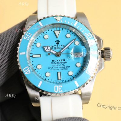 Copy Rolex Blaken Submariner Citizen Baby Blue White Rubber Strap Watch